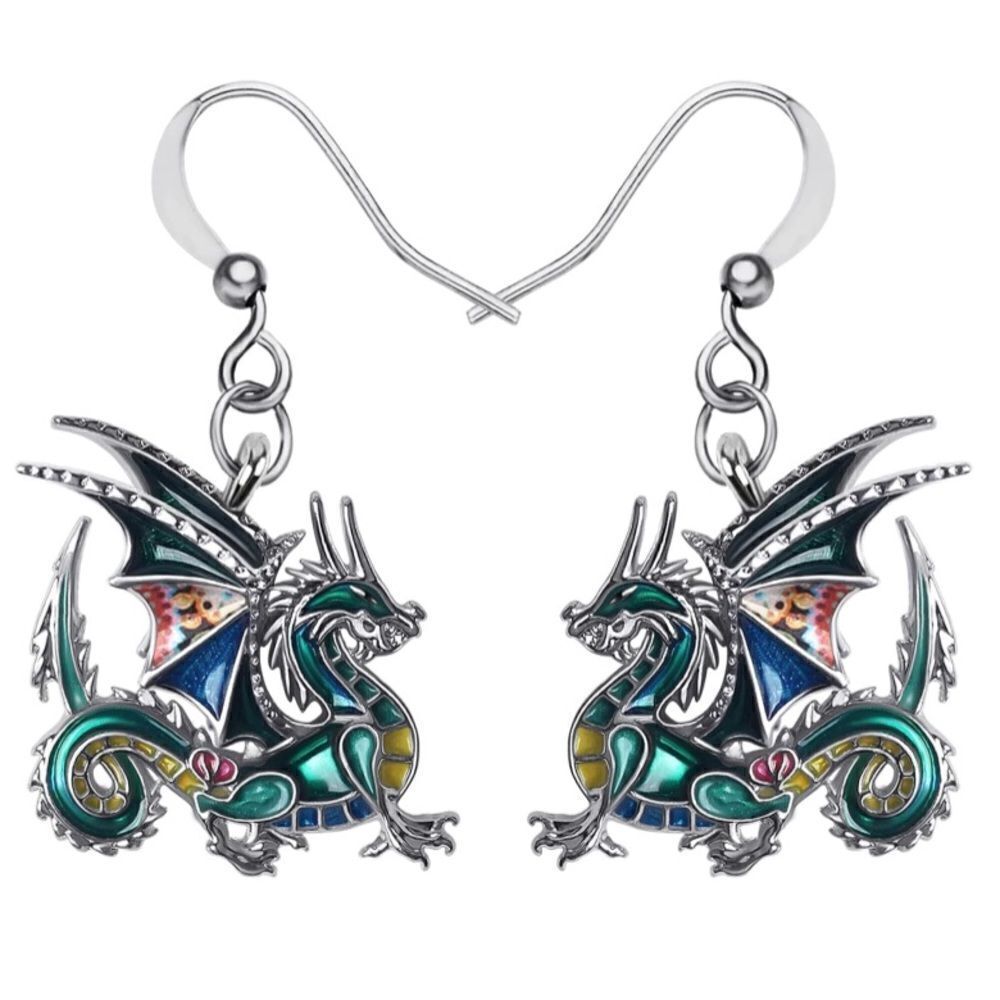 Silver and Multicolor Enamel Mythical Dragon Dangling French Wire Hook Earrings